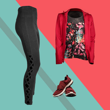 Shirt, leggings, and sneakers