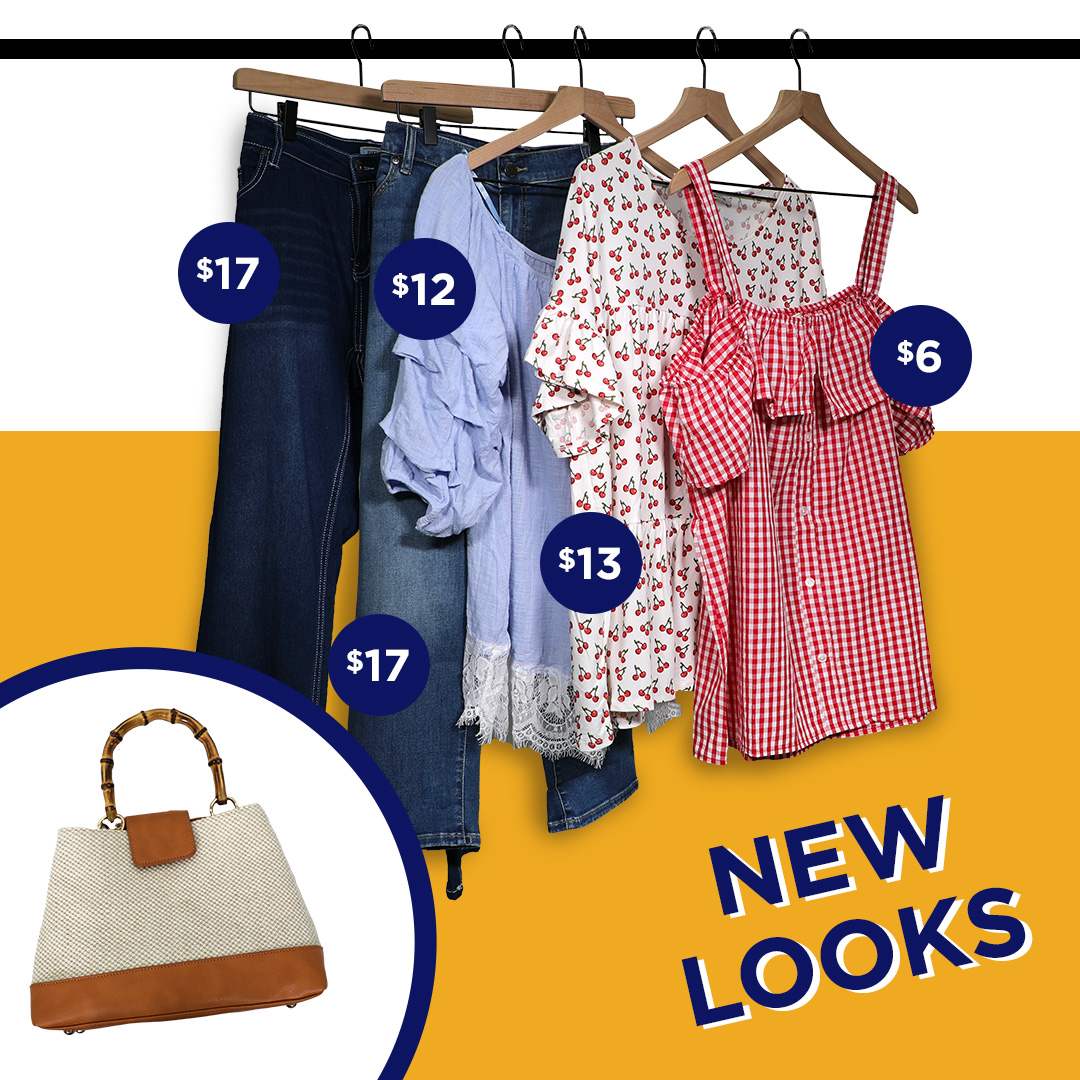 Womens spring outfits and purse on clothing rack 