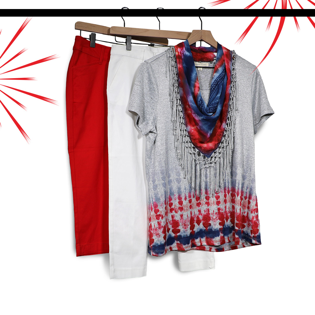 Women's red and white pants with a matching shirt for memorial day 