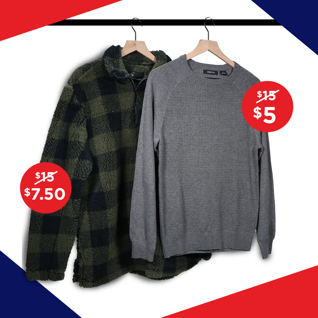mens clothing gray long sleeve shirt and flannel jacket on clothing rack