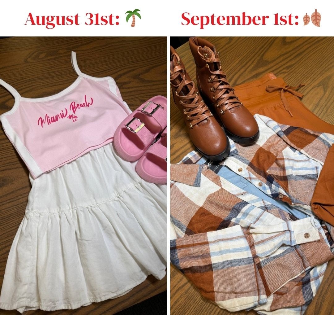 Side-by-side display of two outfits: on the left, a white dress paired with a pink crop top saying 'Miami Beach' and pink slides, representing a summer look; on the right, autumn attire including brown lace-up boots, an orange pair of pants, and a checkered shirt in warm colors.